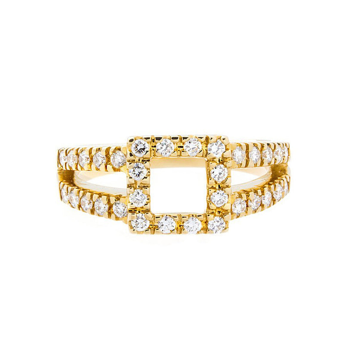 Gold square-shaped diamond ring by Isaac Westman featuring a modern geometric design and sparkling diamonds.