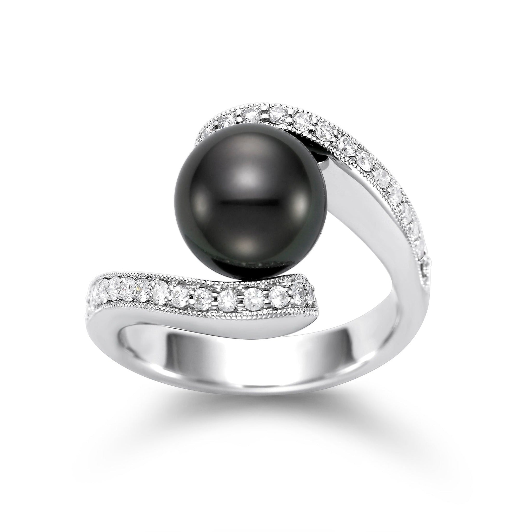 Tahitian Pearl and Diamond Ring by ISAAC WESTMAN® featuring a cultured pearl and diamond halo in 14K white gold with peacock overtones.