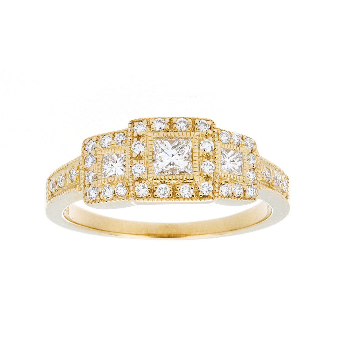 Isaac Westman triple princess diamond ring featuring three sparkling princess-cut diamonds set in a sleek band.