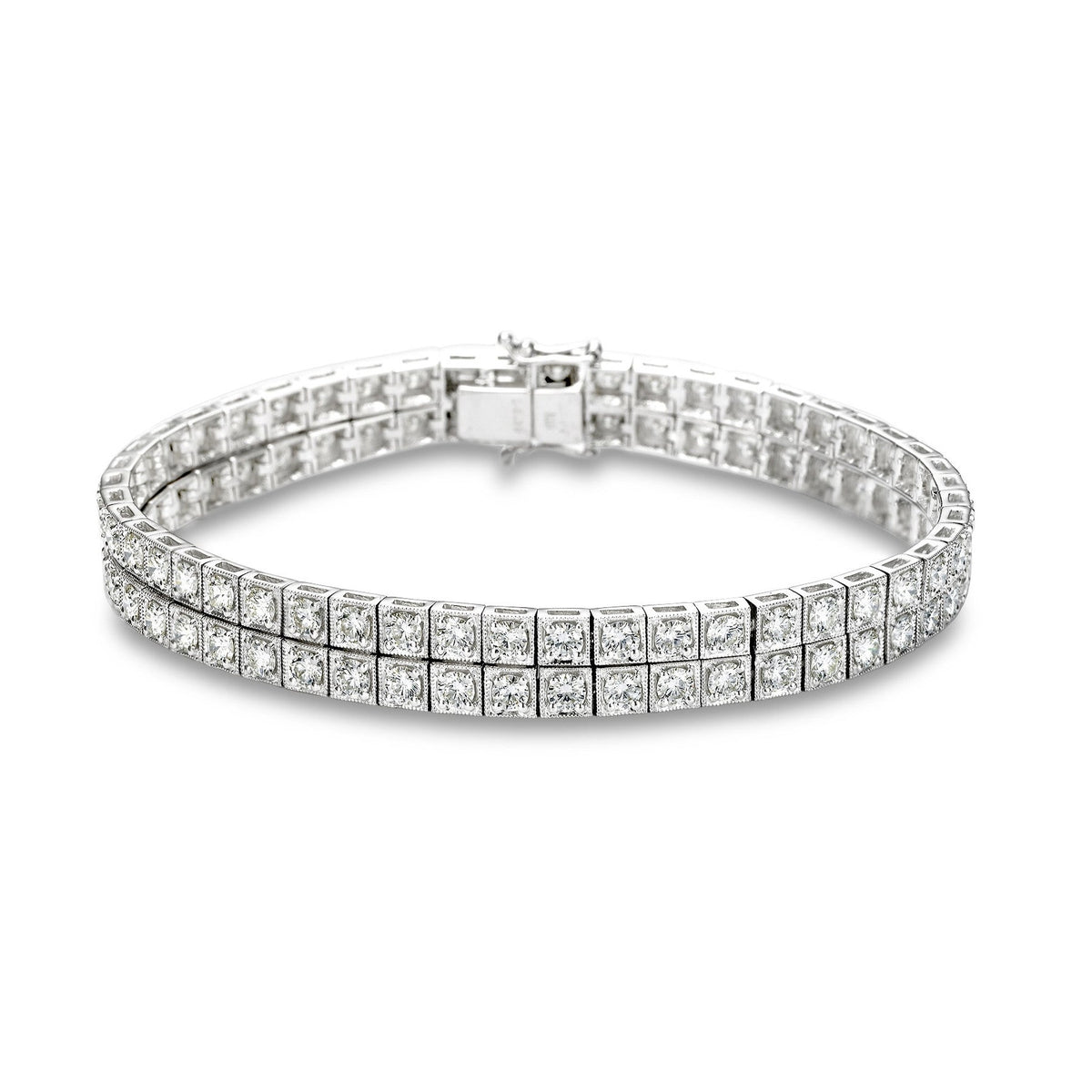 Isaac Westman two-row diamond tennis bracelet with 6.6 carats total weight, featuring sparkling diamonds on a sleek silver setting.