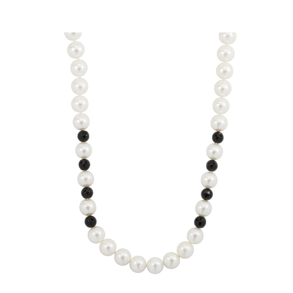 White freshwater pearl and faceted black onyx beads necklace by ISAAC WESTMAN®. Elegant jewelry with pearl and onyx beads.
