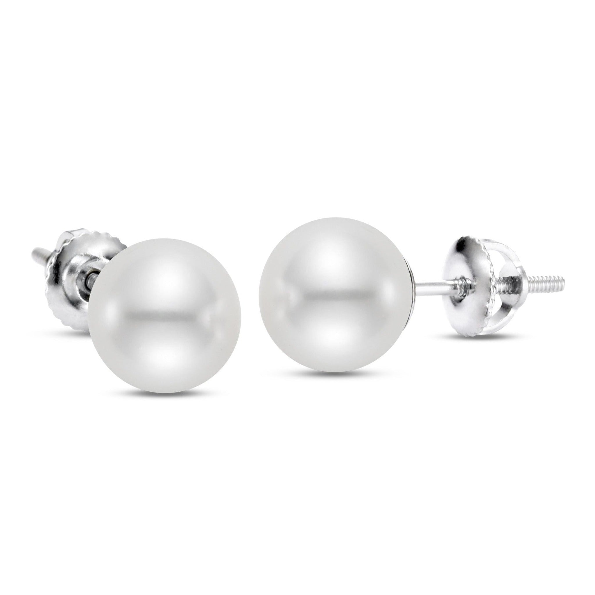 White South Sea pearl stud earrings in 14K white gold, featuring lustrous cultured pearls on elegant earring settings.