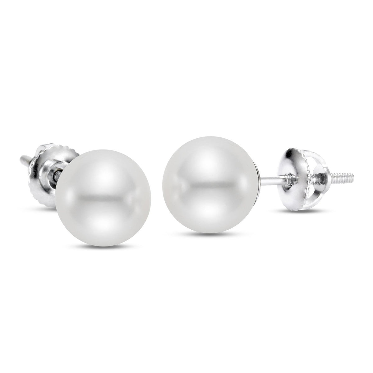 White South Sea pearl stud earrings in 14K white gold, featuring lustrous cultured pearls on elegant earring settings.
