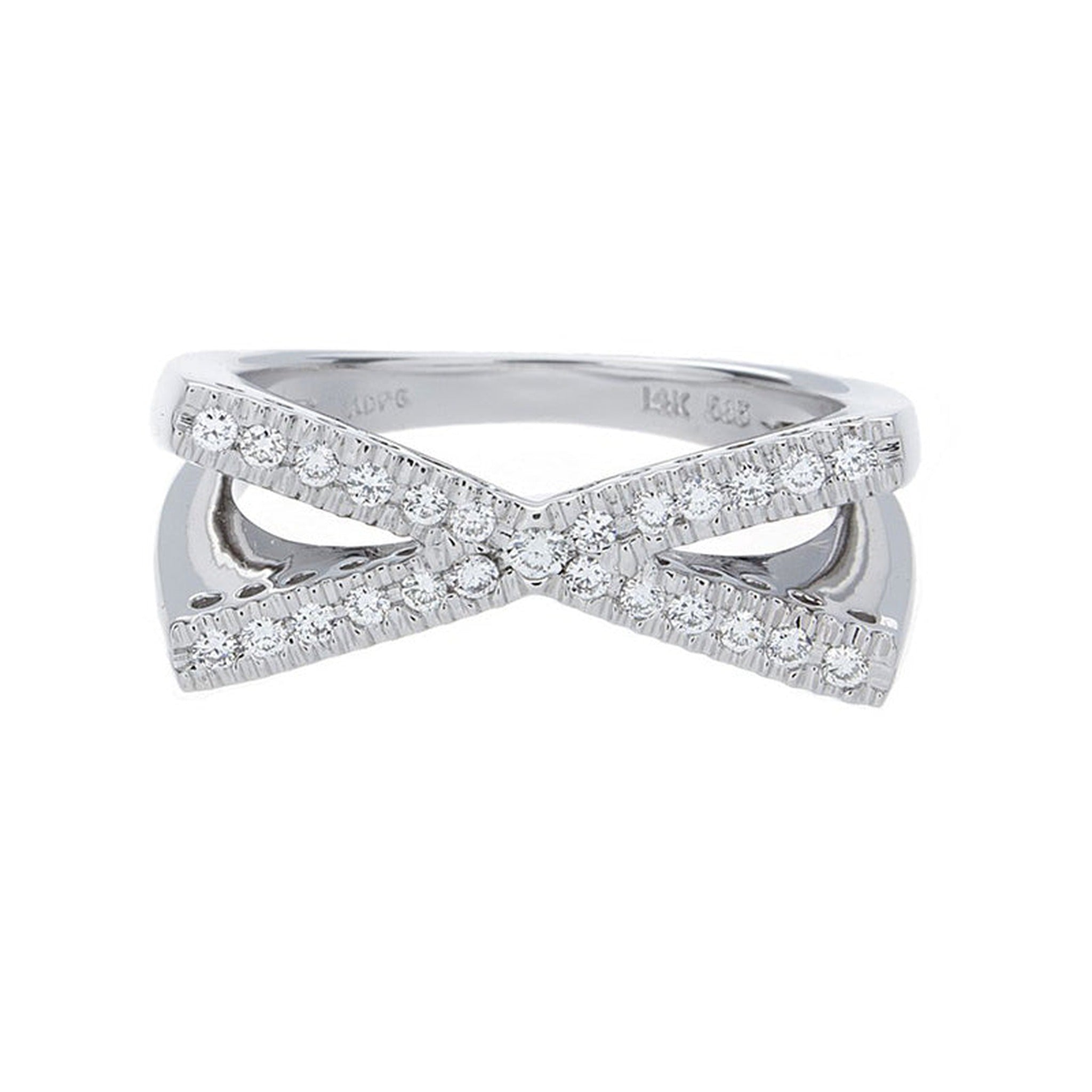White gold X-shaped diamond ring by ISAAC WESTMAN®, featuring a stylish geometric design and sparkling diamonds.