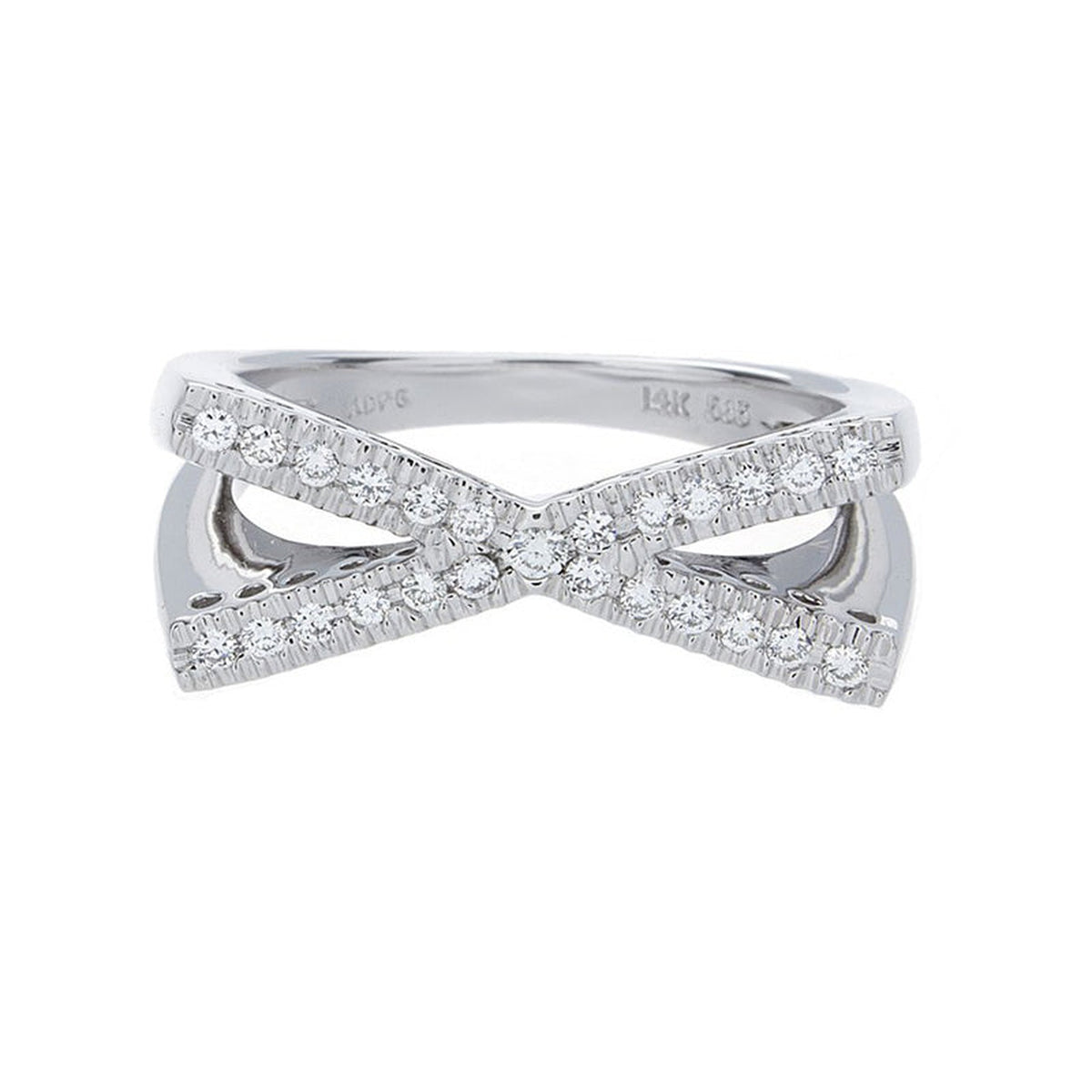 White gold X-shaped diamond ring by ISAAC WESTMAN®, featuring a stylish geometric design and sparkling diamonds.