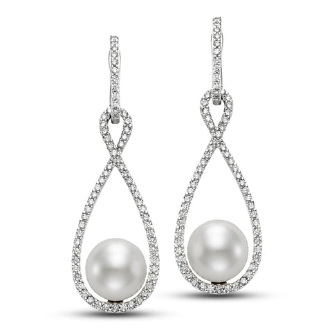 ISAAC WESTMAN® Luminance 14K white gold freshwater pearl and diamond dangle earrings, featuring elegant jewelry design.