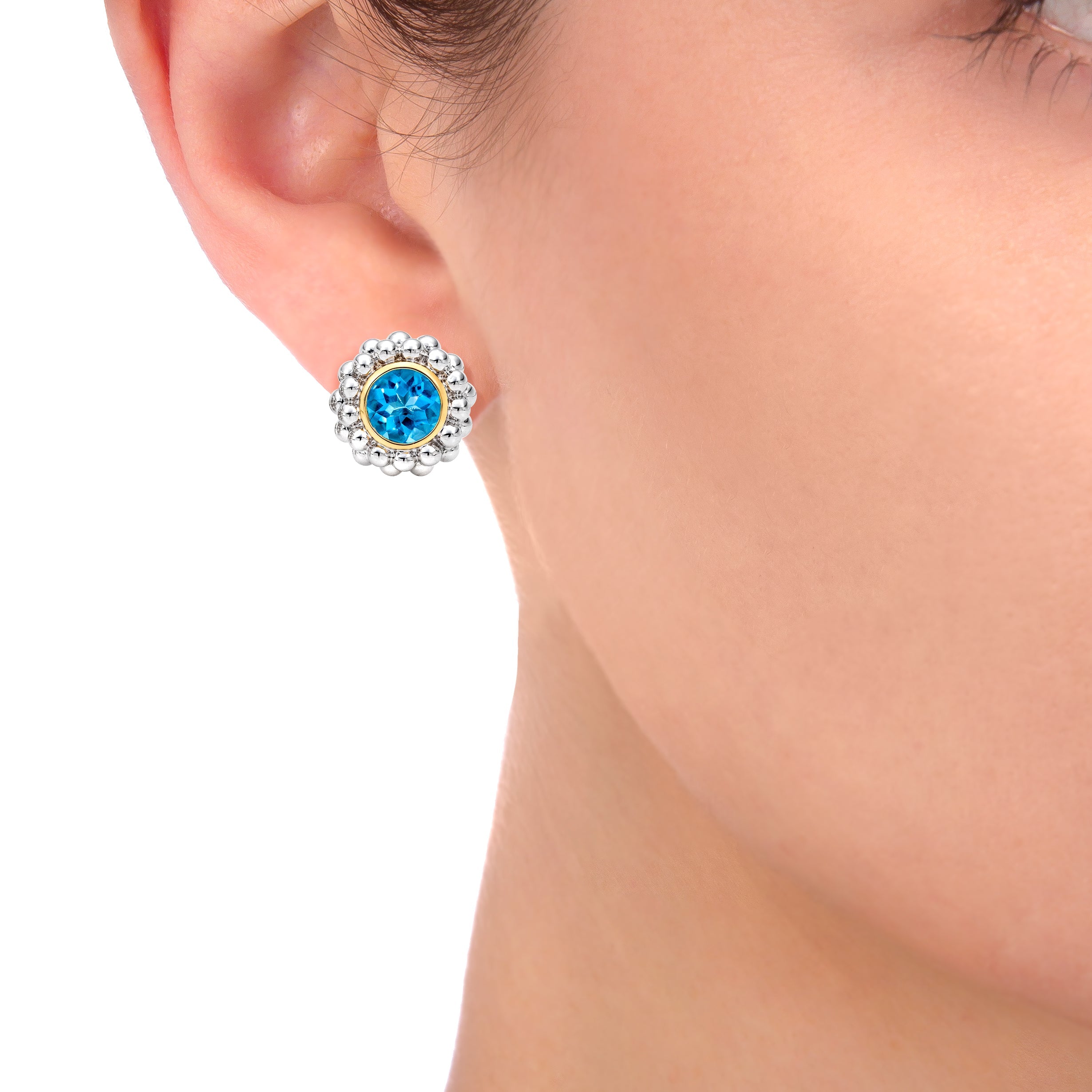 Exquisite Swiss Blue Topaz Stud Earrings with Beaded 14K White Gold Setting | ISAAC WESTMAN®