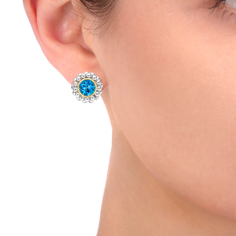 Exquisite Swiss Blue Topaz Stud Earrings with Beaded 14K White Gold Setting | ISAAC WESTMAN®