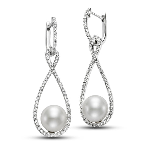 ISAAC WESTMAN® Luminance 14K white gold freshwater pearl and diamond dangle earrings with elegant design and sparkling accents.