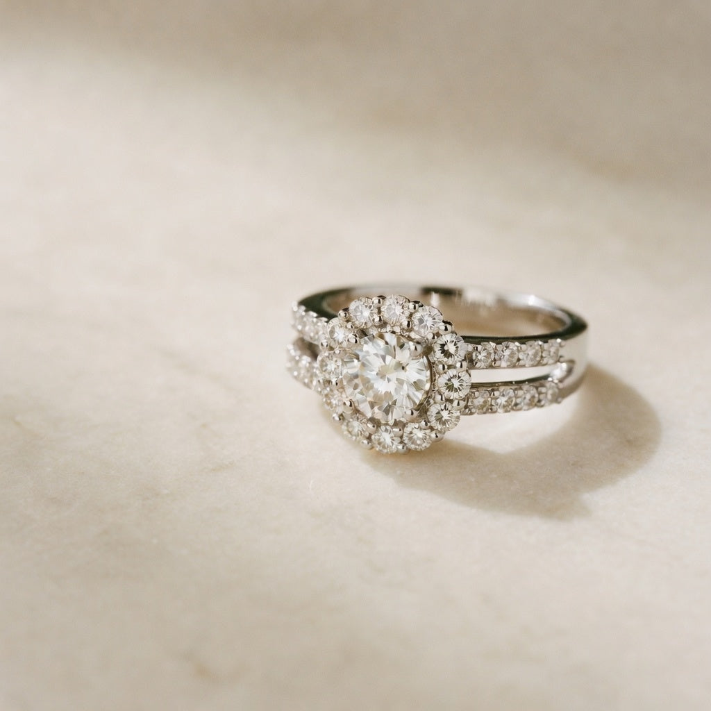 A diamond halo engagement ring resting on warm marble